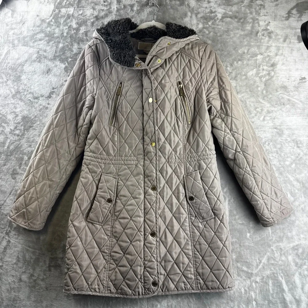 Michael Kors Quilted Parka Women Medium Taupe Faux Fur Hood Jacket (P)